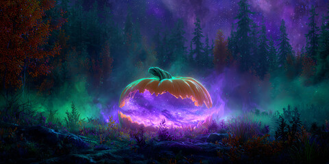 Mystical Glowing Halloween Pumpkin in Dark Forest with Purple Fog and Magical Light, Spooky Fantasy Background for Autumn, Horror, and Holiday Design