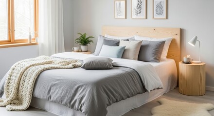 Cozy Scandinavian Bedroom Interior, Modern Home Decor, Comfort Concept