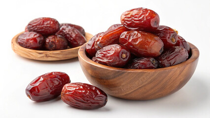 Dates in wooden bowls isolated on white background, healthy and tasty snack