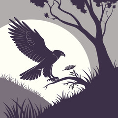 Silhouette of a hawk perched on a branch with a beetle in its talons