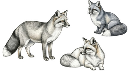 Obraz premium Isolated Group of Gray Foxes Digital Illustration, standing, sitting, laying down, mammal art