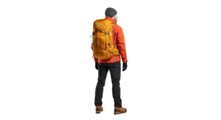 Isolated man wearing hiking clothes and a backpack for trekking or travel, standing back