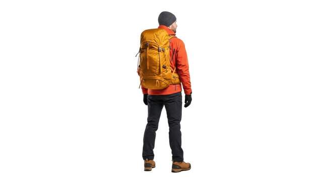 Isolated man wearing hiking clothes and a backpack for trekking or travel, standing back