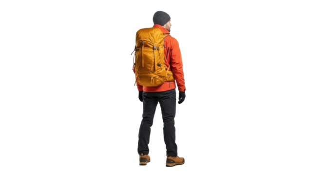 Isolated man wearing hiking clothes and a backpack for trekking or travel, standing back