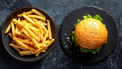 French fries and hamburger on dark stone