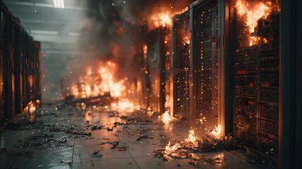 Fire ravages data center as flames engulf server racks during emergency response in a high-tech facility