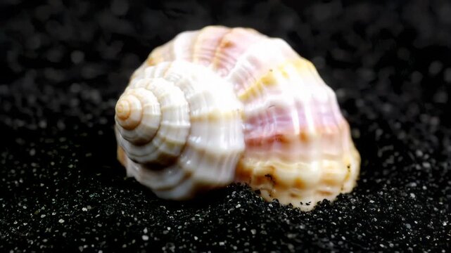Elegant conch shell shimmering on textured black sand surface