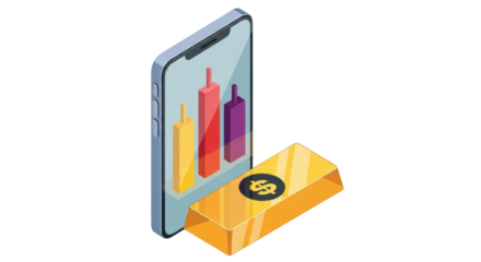 Isolated candlestick chart on modern smartphone next to a gold bar investment graphic