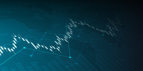 Financial graph with up trend line candlestick chart in stock market and world map on blue color background