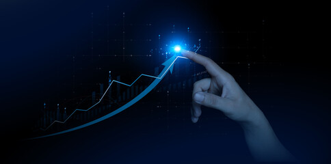 Hand touching glowing rising financial graph arrow with digital data on dark futuristic background