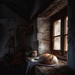 sourdough on wooden table in vintage kitchen.