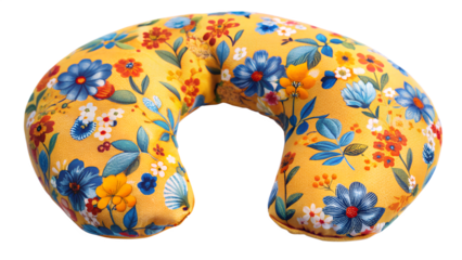 Floral neck pillow isolated on transparent background, showcasing a vibrant and colorful design with flowers and foliage for comfortable support