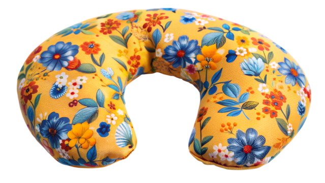 Floral neck pillow isolated on transparent background, showcasing a vibrant and colorful design with flowers and foliage for comfortable support - Powered by Adobe