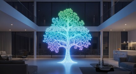 Stunning neon tree art installation in modern luxury home promotes mindfulness and tranquility, offering inspiration