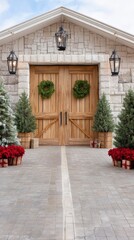 Fototapeta premium Beautiful entrance with wooden doors adorned with wreaths and festive decorations during the holiday season