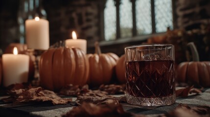 Cozy Autumn Scene with Pumpkin, Leaves, Candle, and Whiskey Glass