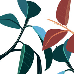 Abstract vector illustration of stylized plant leaves in various shades of green, blue, and red. Perfect for nature-themed designs, decorations, and backgrounds