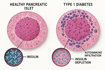 Microscopic comparison of a healthy pancreatic islet and an islet affected by Type 1 Diabetes, illustrating autoimmune infiltration and insulin depletion.