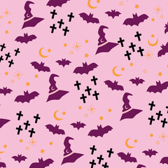 Vibrant Halloween-themed pattern featuring bats, stars, moons, and crosses in purple and orange on a pink background. Perfect for festive designs and decorations
