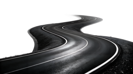 Winding asphalt road disappearing into the distance, symbolizing journeys, paths, and the unknown, isolated on transparent background