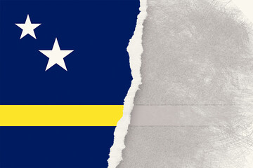 Naklejka premium A visually striking image shows a stylized flag of Curacao, with a partially torn effect revealing a subtle, textured gray background, creating a sense of transition and transformation.