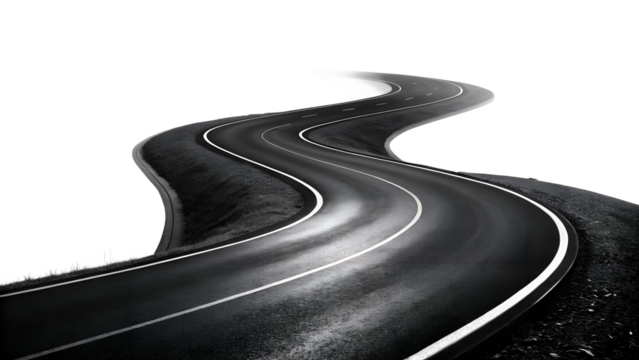 Winding asphalt road disappearing into the distance, symbolizing journeys, paths, and the unknown, isolated on transparent background