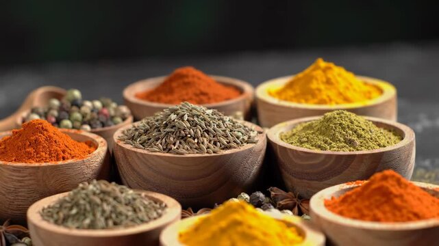 Assorted spices in wooden bowls on a dark background, close-up view