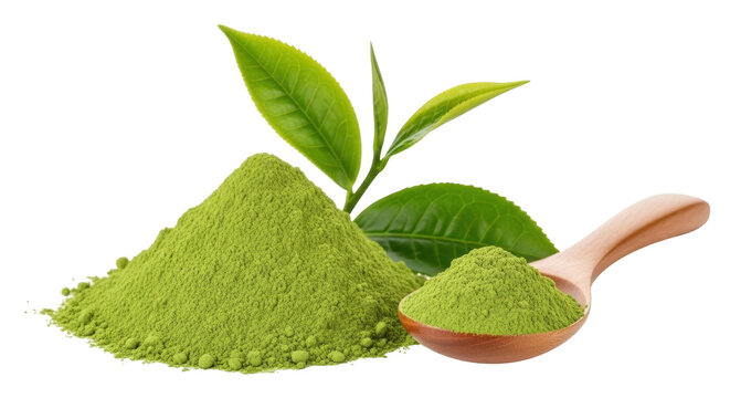 Isolated matcha green tea powder mounds with tea leaves and wooden spoon on neutral stage