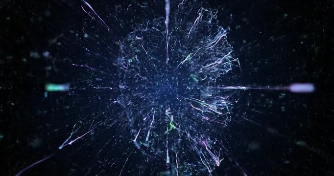 Dynamic glow network explosion of lines and shapes in a starry black laboratory view from a digital perspective