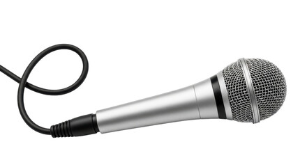 Isolated silver handheld microphone with long curly cord ready for singing or public speaking © Leon