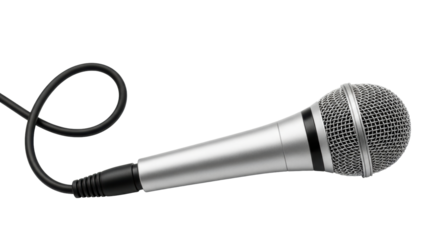 Isolated silver handheld microphone with long curly cord ready for singing or public speaking