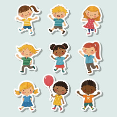 Joyful diverse children depicted in playful poses, celebrating childhood, active, and happy moments in vibrant cartoon style