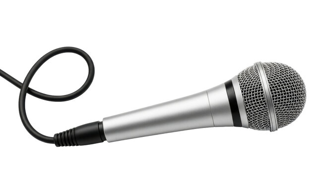 Isolated silver handheld microphone with long curly cord ready for singing or public speaking