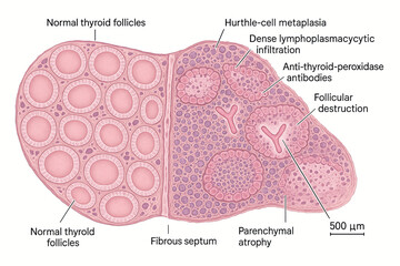 Microscopic view of Hashimoto's thyroiditis showing normal thyroid follicles and diseased tissue with inflammation and cellular changes.