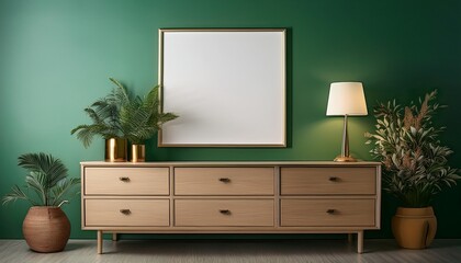 chest of drawers with lamp blank frame and plants near green wall in room