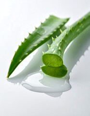 Fresh aloe vera leaves, cut in half,  on a white surface