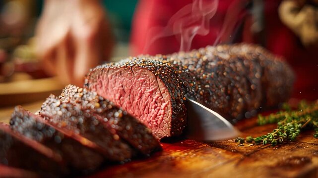 Cutting Beef steak served on wood board, kitchen interior background. Grilled steak, medium rare. Slicing eye of round roasted beef with chef knife. Sirloin Tip Roast. Baked meat, salt, pepper, herb