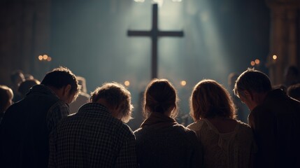 Worshippers gather in prayer during a solemn religious service illuminated by candlelight