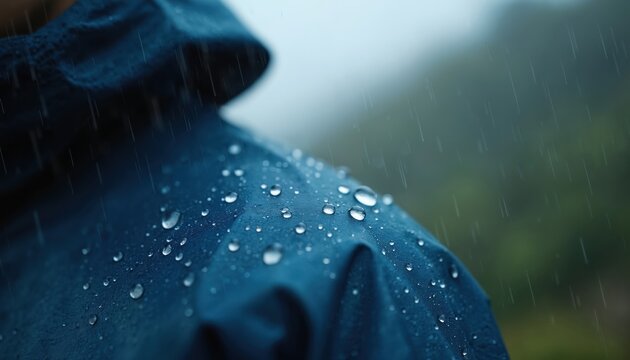 Blue waterproof jacket with hood, water drops on surface, person wearing in rain. Rainy weather, outdoor activity, protection from water, water-repellent fabric, outdoor gear, hiking, trekking, - Powered by Adobe