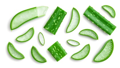 Fresh aloe vera slices arranged on white background