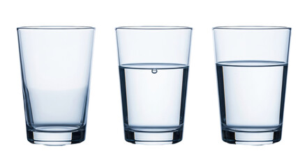 Isolated Still Life of Drinking Glasses Filled with Water, Full, Half, and Empty, Transparent