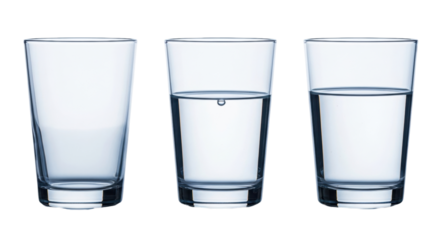 Isolated Still Life of Drinking Glasses Filled with Water, Full, Half, and Empty, Transparent