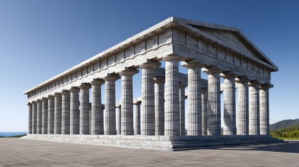 Obraz premium Historic temple stands majestically against a clear blue sky near the coast with ancient columns and impressive architecture
