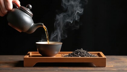 Hand carefully pours hot Chinese puer tea from dark ceramic teapot into small steaming cup. Dry loose tea leaves sit on wooden tray. Traditional Asian ceremony creates serene atmosphere. People find