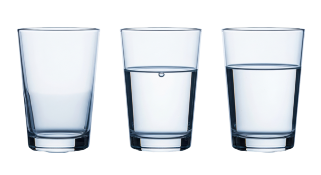 Isolated Still Life of Drinking Glasses Filled with Water, Full, Half, and Empty, Transparent