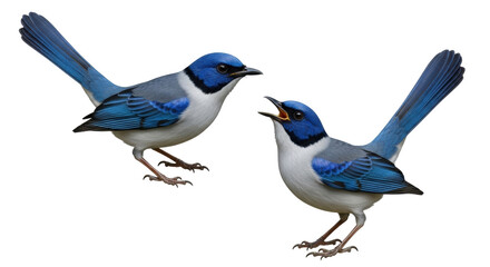 Isolated Superb Fairywren, two male birds calling, perched, front side view, wildlife studio shot