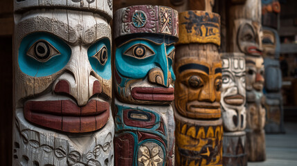 Row of traditional Indigenous totem poles with colorful carved faces and intricate tribal designs in cultural heritage setting
