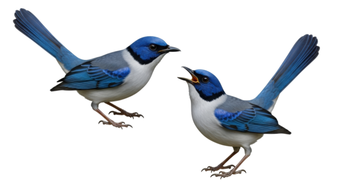 Isolated Superb Fairywren, two male birds calling, perched, front side view, wildlife studio shot