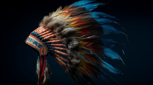 Traditional Native American feathered war bonnet with vibrant blue and orange feathers and intricate beadwork on dark background
