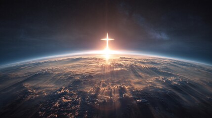 Spiritual light shines over Earth, illustrating faith and hope in the universe during sunrise